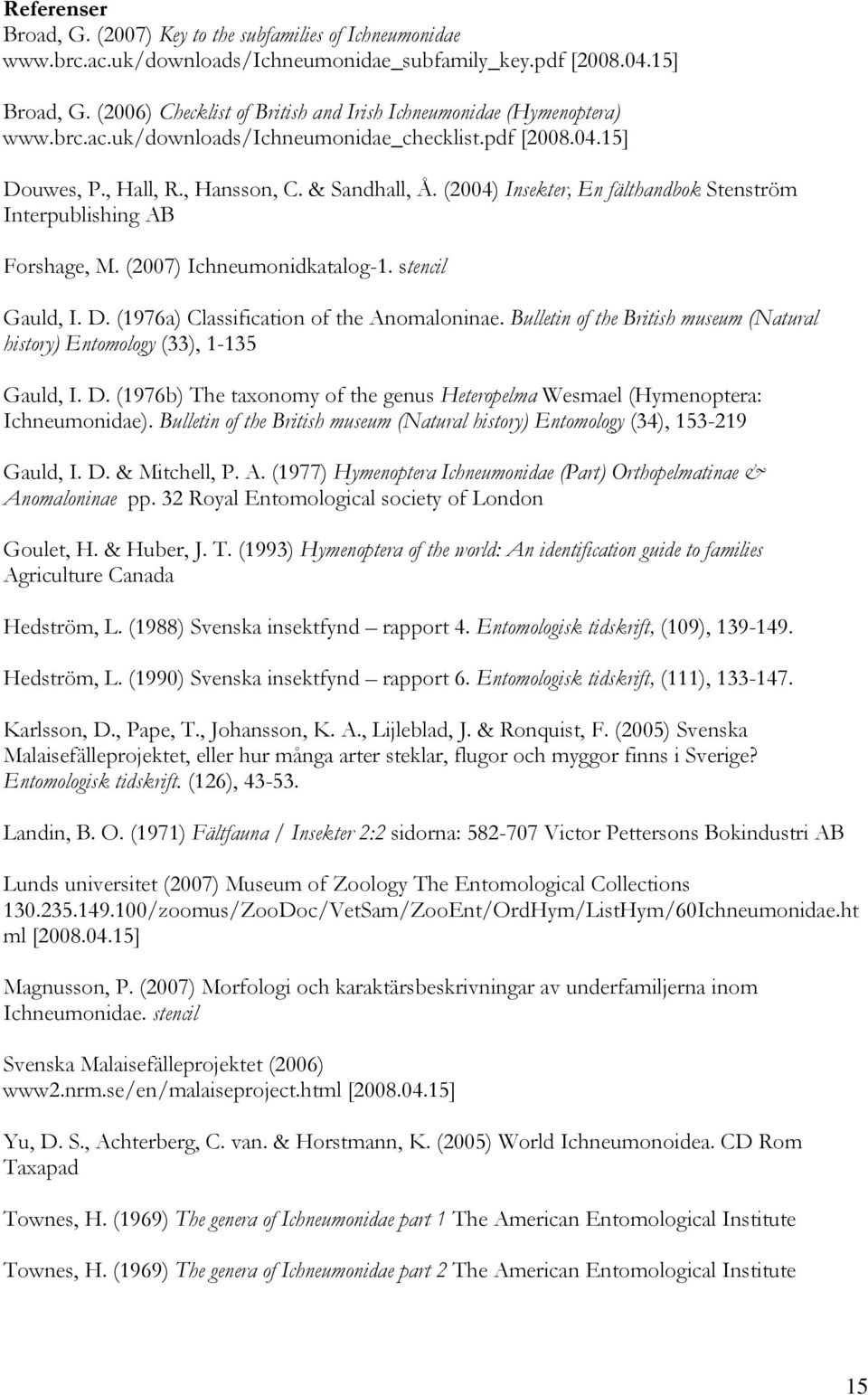 (2004) Insekter, En fälthandbok Stenström Interpublishing AB Forshage, M. (2007) Ichneumonidkatalog-1. stencil Gauld, I. D. (1976a) Classification of the Anomaloninae.