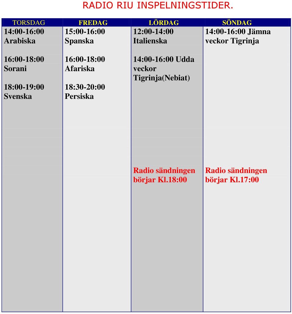 Italienska 14:00-16:00 Jämna veckor Tigrinja 16:00-18:00 Sorani 18:00-19:00 Svenska