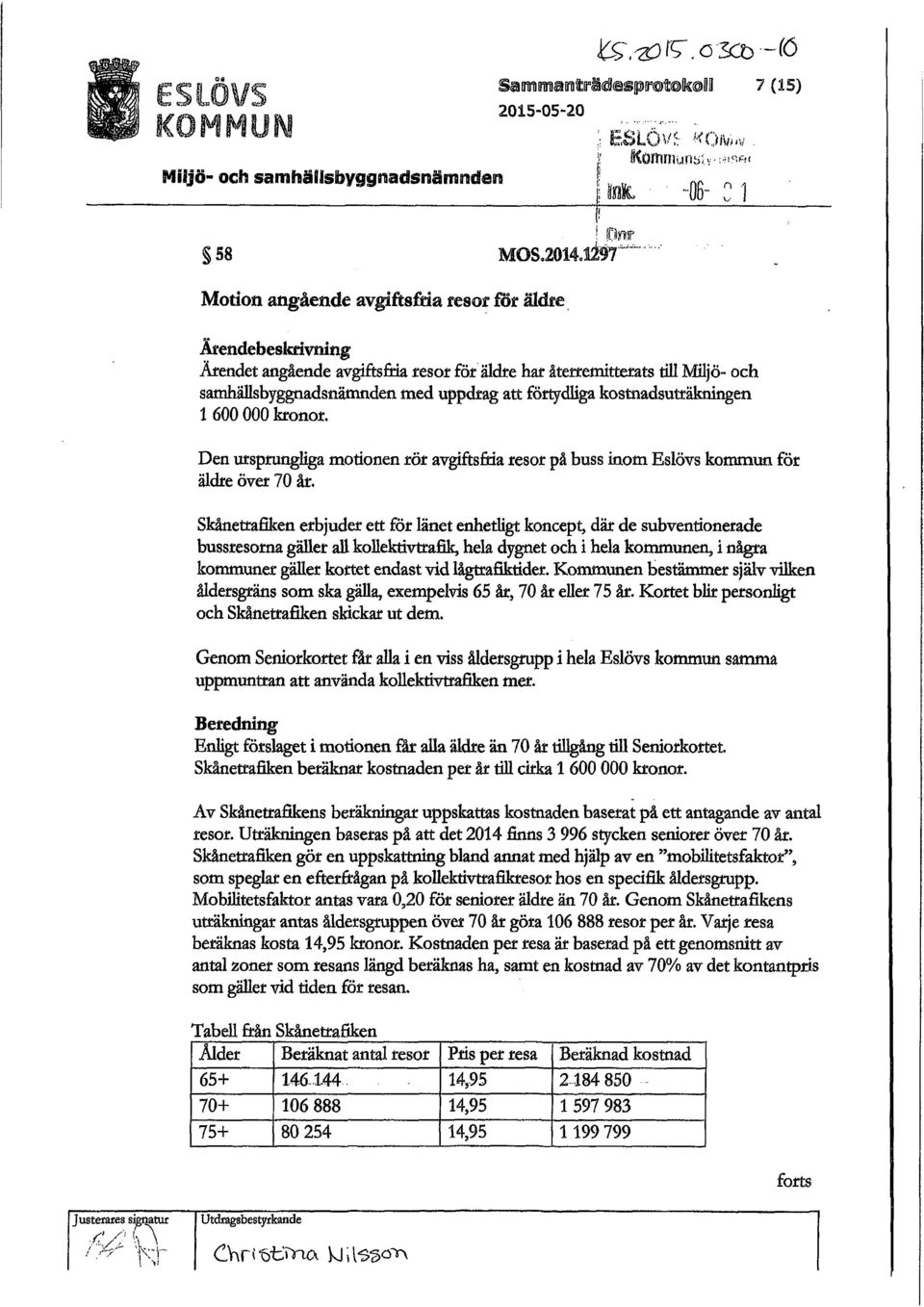 förtydliga kostnadsuträkningen 1 600000 kronor. Den ursprungliga motionen rör avgiftsfria resor på buss inom Eslövs kommun för äldre över 70 år.