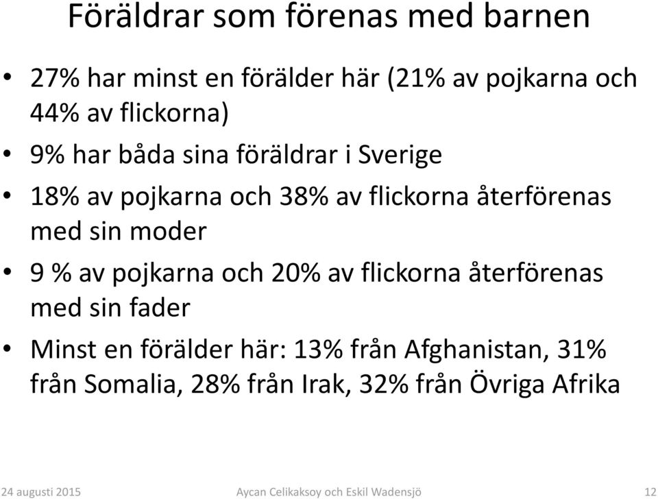återförenas med sin moder 9 % av pojkarna och 20% av flickorna återförenas med sin fader