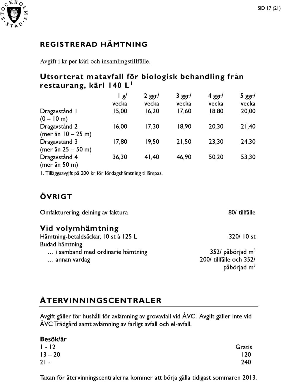 Tilläggsavgift på 200 kr för lörshämtning tillämpas.