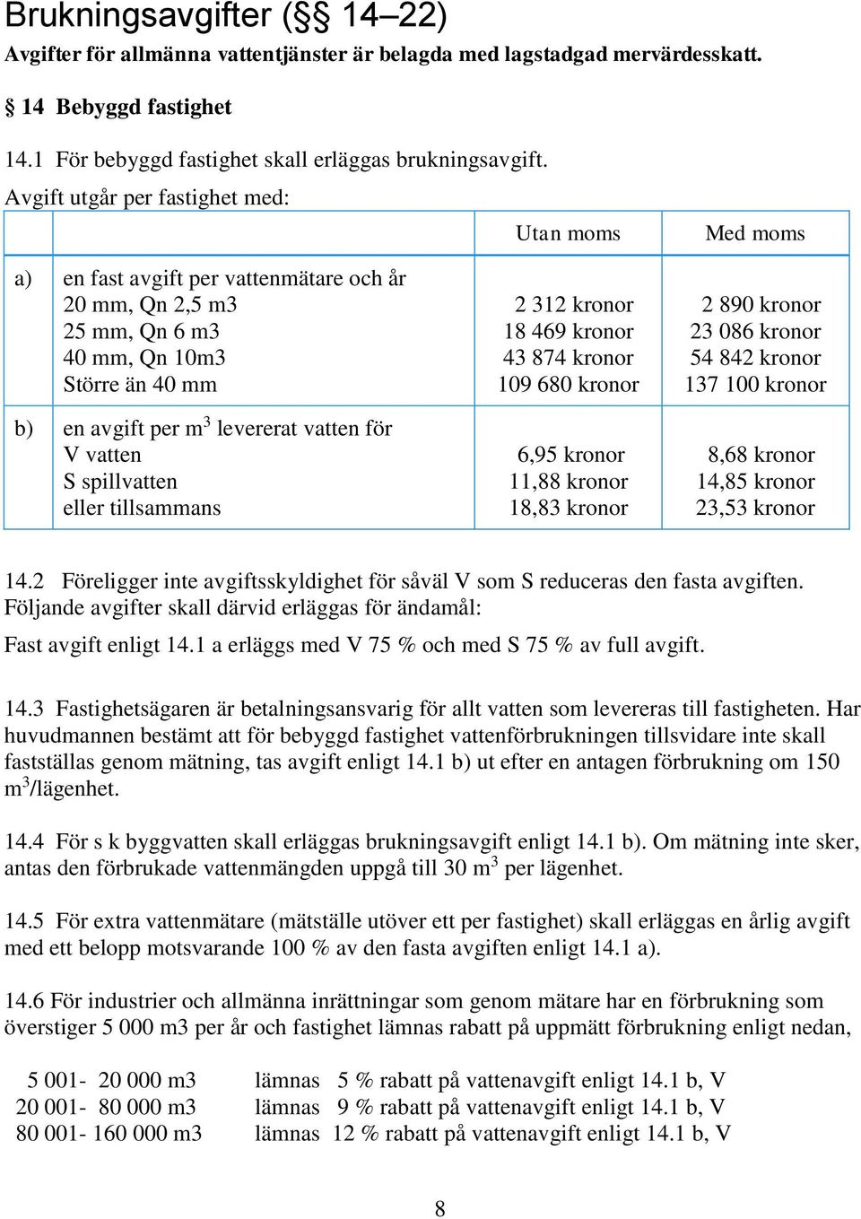 vatten S spillvatten eller tillsammans 2 312 kronor 18 469 kronor 43 874 kronor 109 680 kronor 6,95 kronor 11,88 kronor 18,83 kronor 2 890 kronor 23 086 kronor 54 842 kronor 137 100 kronor 8,68