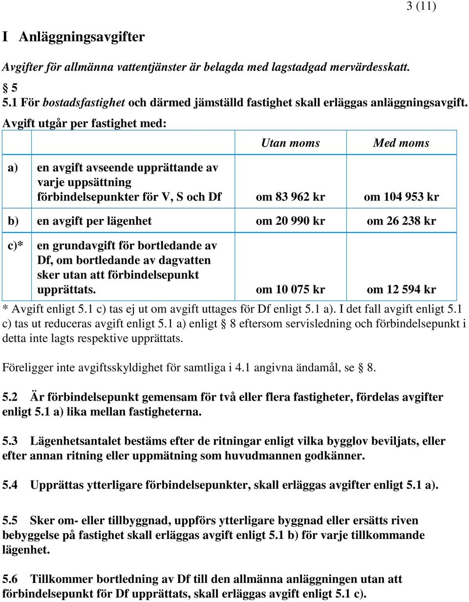 990 kr om 26 238 kr c)* en grundavgift för bortledande av Df, om bortledande av dagvatten sker utan att förbindelsepunkt upprättats. om 10 075 kr om 12 594 kr * Avgift enligt 5.