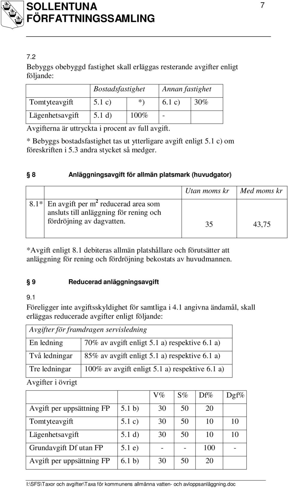 8 Anläggningsavgift för allmän platsmark (huvudgator) 8.1* En avgift per m 2 reducerad area som ansluts till anläggning för rening och fördröjning av dagvatten.