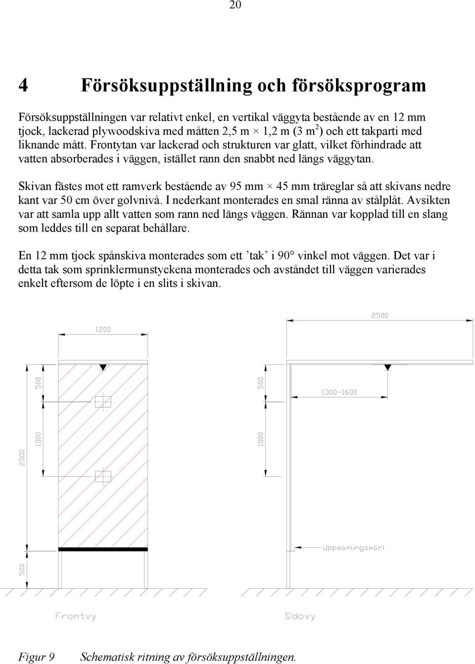 Skivan fästes mot ett ramverk bestående av 95 mm 45 mm träreglar så att skivans nedre kant var 50 cm över golvnivå. I nederkant monterades en smal ränna av stålplåt.