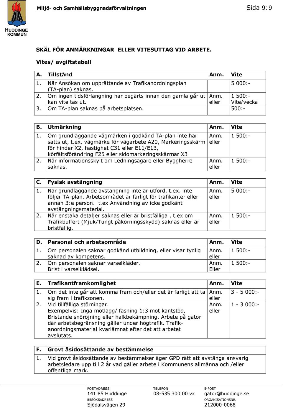 Om TA-plan saknas på arbetsplatsen. 500:- B. Utmärkning Vite 1. Om grundläggande vägmärken i godkänd TA-plan inte har satts ut, t.ex.