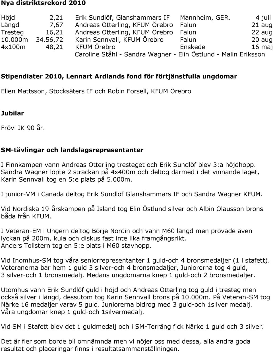 56,72 Karin Sennvall, KFUM Örebro Falun 20 aug 4x100m 48,21 KFUM Örebro Enskede 16 maj Caroline Ståhl - Sandra Wagner - Elin Östlund - Malin Eriksson Stipendiater 2010, Lennart Ardlands fond för