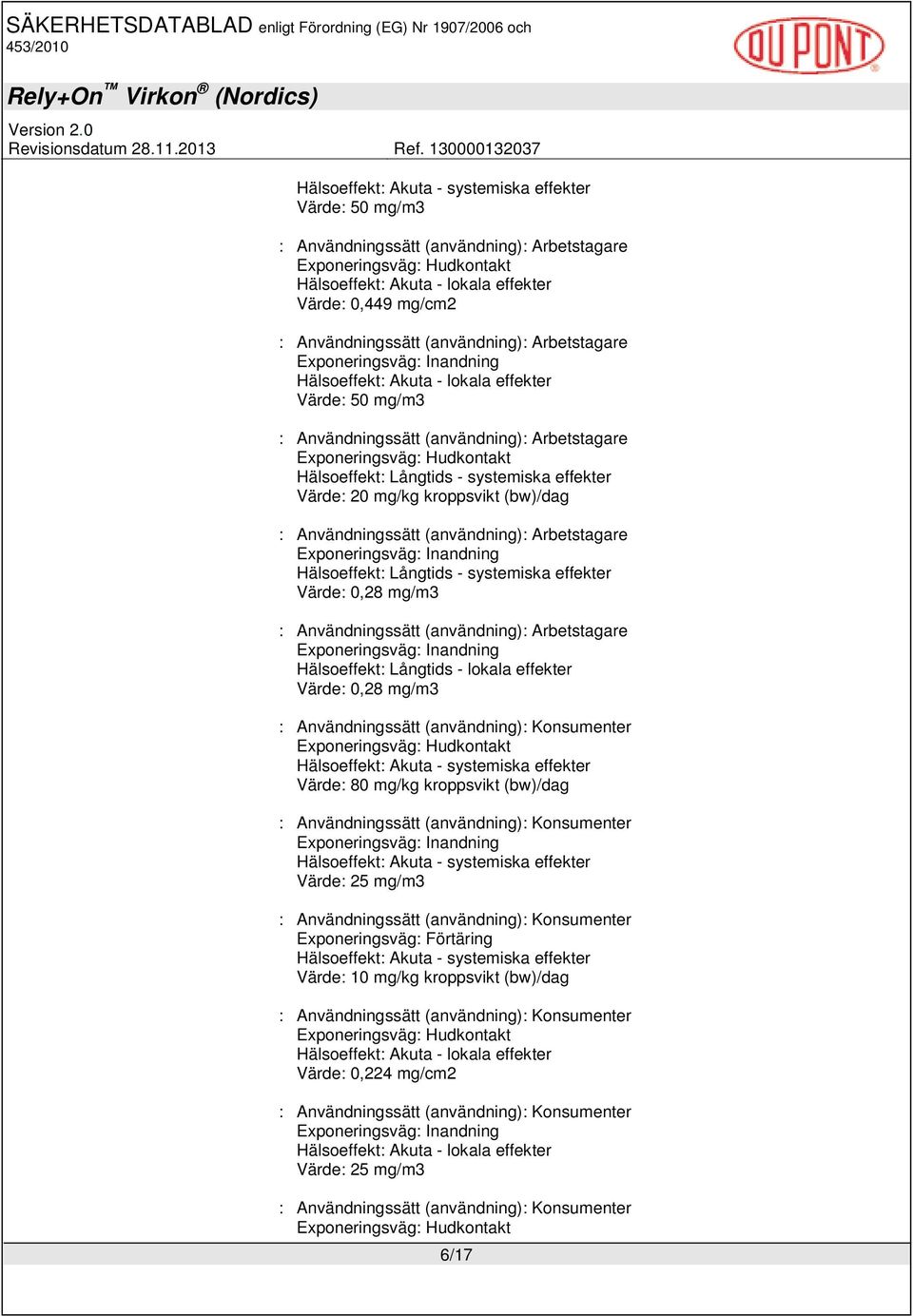 Hälsoeffekt: Långtids - systemiska effekter Värde: 20 mg/kg kroppsvikt (bw)/dag : Användningssätt (användning): Arbetstagare Exponeringsväg: Inandning Hälsoeffekt: Långtids - systemiska effekter