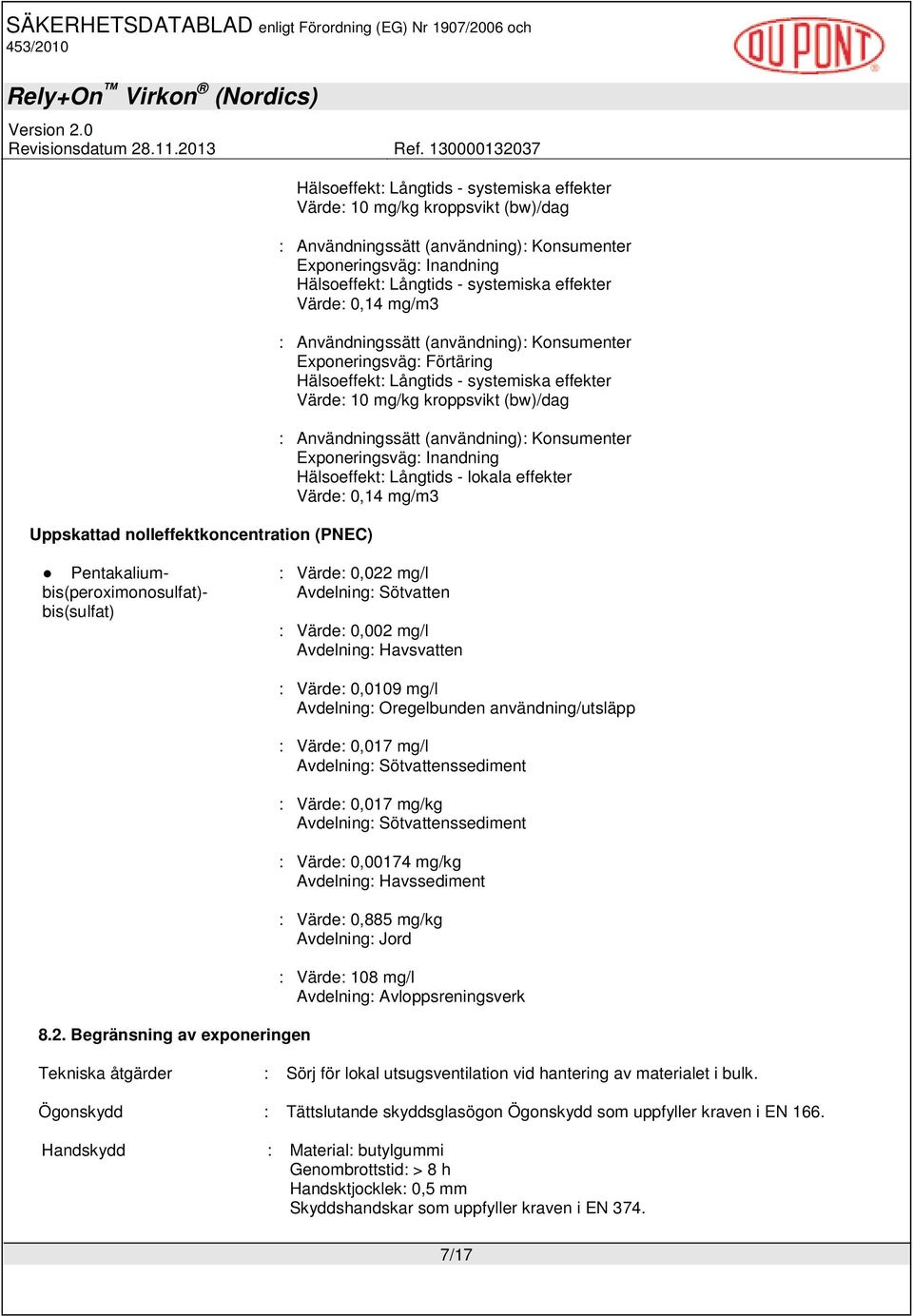 mg/m3 Pentakalium- bis(peroximonosulfat)- bis(sulfat) : Värde: 0,022