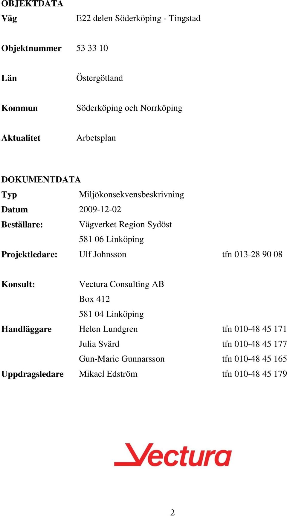 Linköping Projektledare: Ulf Johnsson tfn 013-28 90 08 Konsult: Vectura Consulting AB Box 412 581 04 Linköping Handläggare Helen