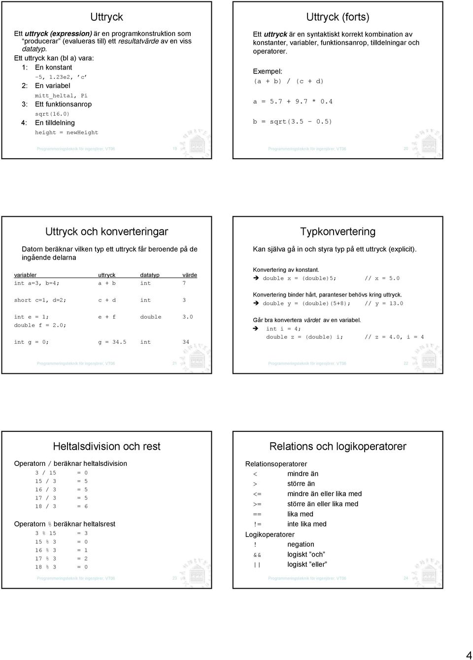 0) 4: En tilldelning height = newheight Uttryck (forts) Ett uttryck är en syntaktiskt korrekt kombination av konstanter, variabler, funktionsanrop, tilldelningar och operatorer.