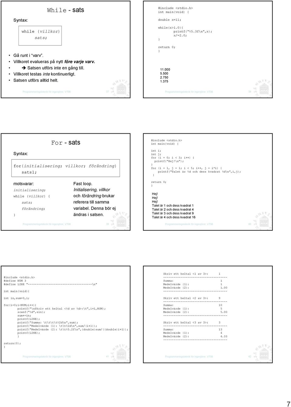 375 Programmeringsteknik för ingenjörer, VT06 37 Programmeringsteknik för ingenjörer, VT06 38 Syntax: For -sats for(initialisering; villkor; förändring) sats1; motsvarar: Fast loop.