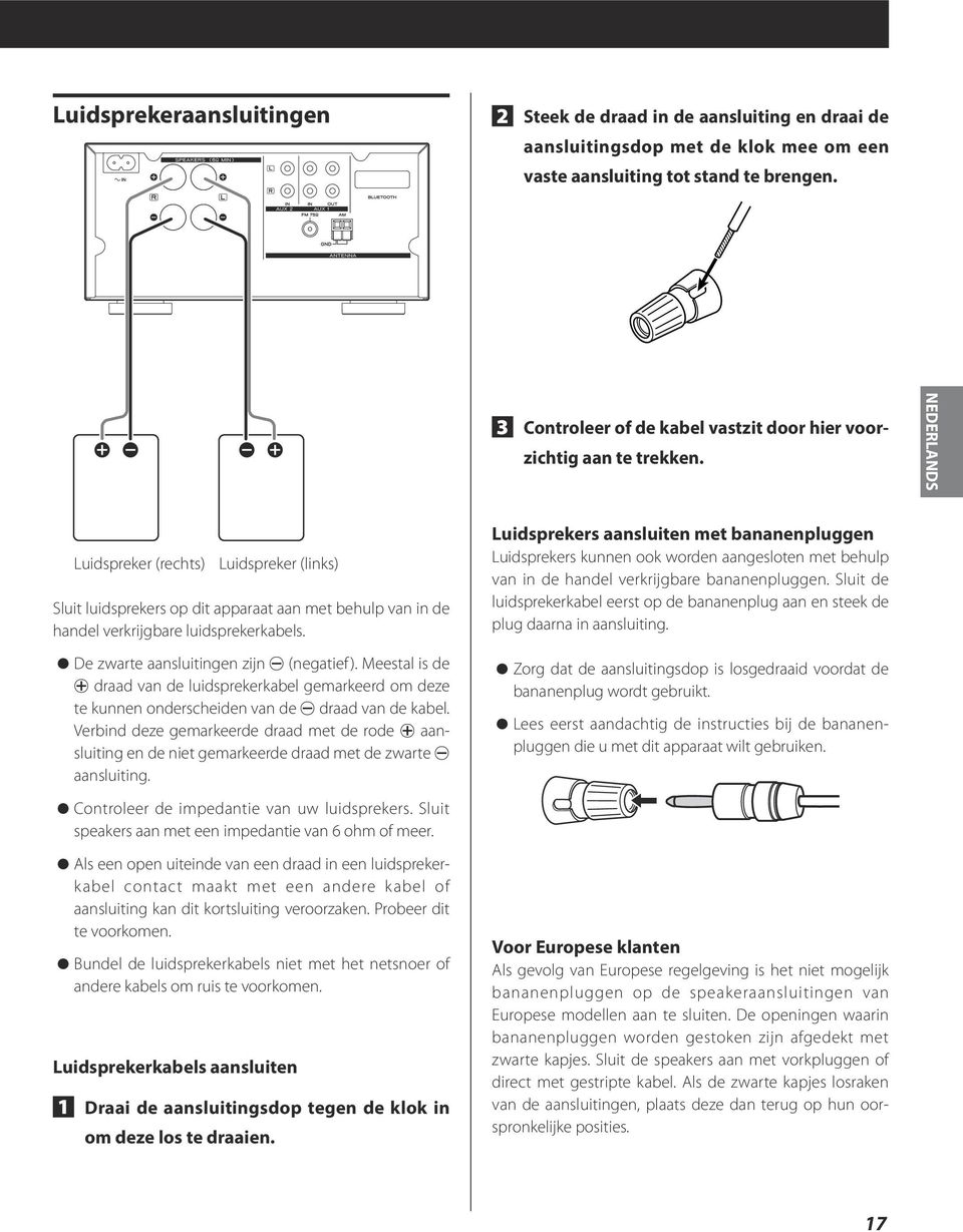 NEDERLANDS Luidspreker (rechts) Luidspreker (links) Sluit luidsprekers op dit apparaat aan met behulp van in de handel verkrijgbare luidsprekerkabels. ppde zwarte aansluitingen zijn _ (negatief ).