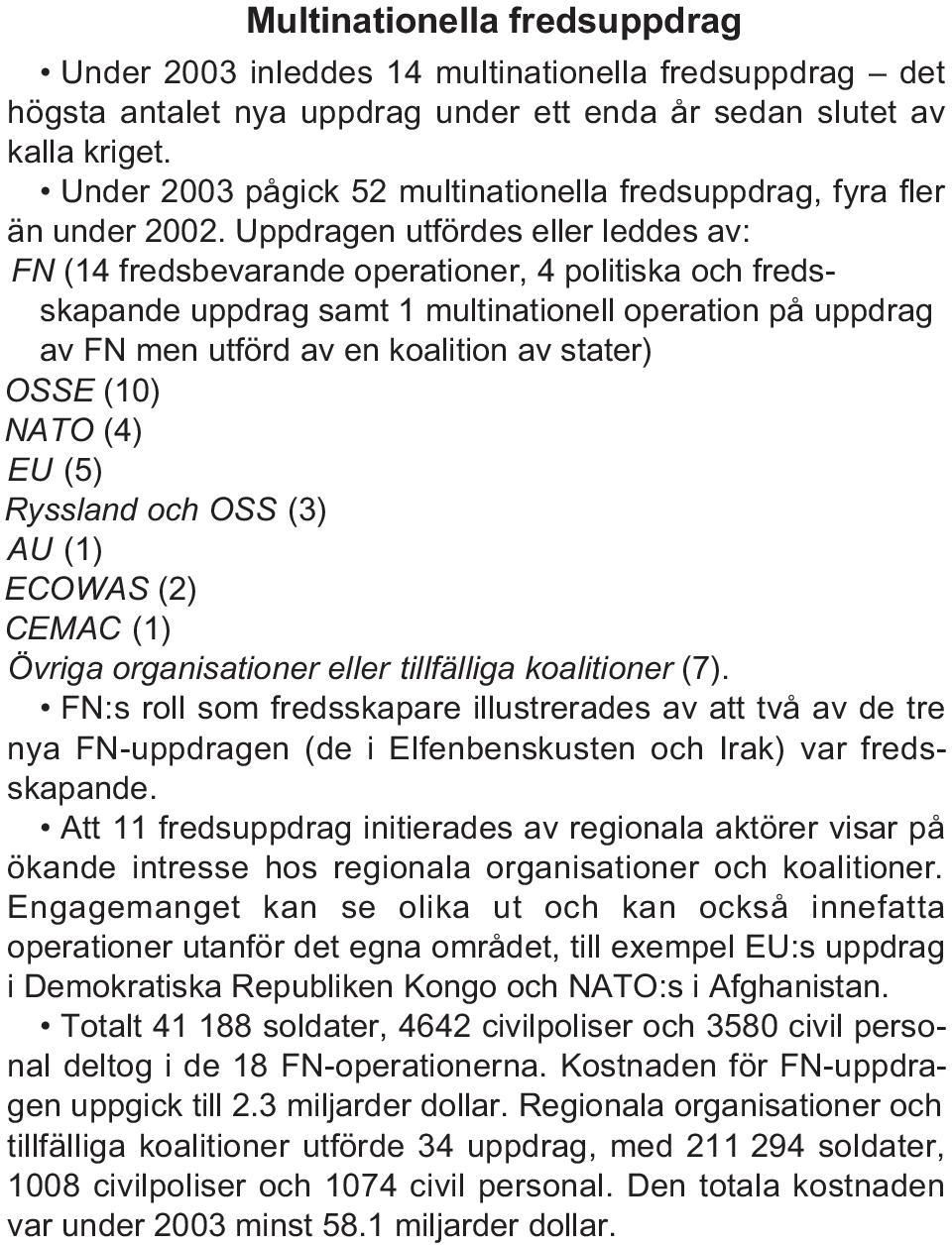 Uppdragen utfördes eller leddes av: FN (14 fredsbevarande operationer, 4 politiska och fredsskapande uppdrag samt 1 multinationell operation på uppdrag av FN men utförd av en koalition av stater)