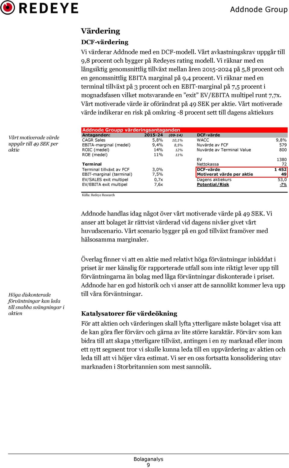 Vi räknar med en terminal tillväxt på 3 procent och en EBIT-marginal på 7,5 procent i mognadsfasen vilket motsvarande en exit EV/EBITA multipel runt 7,7x.