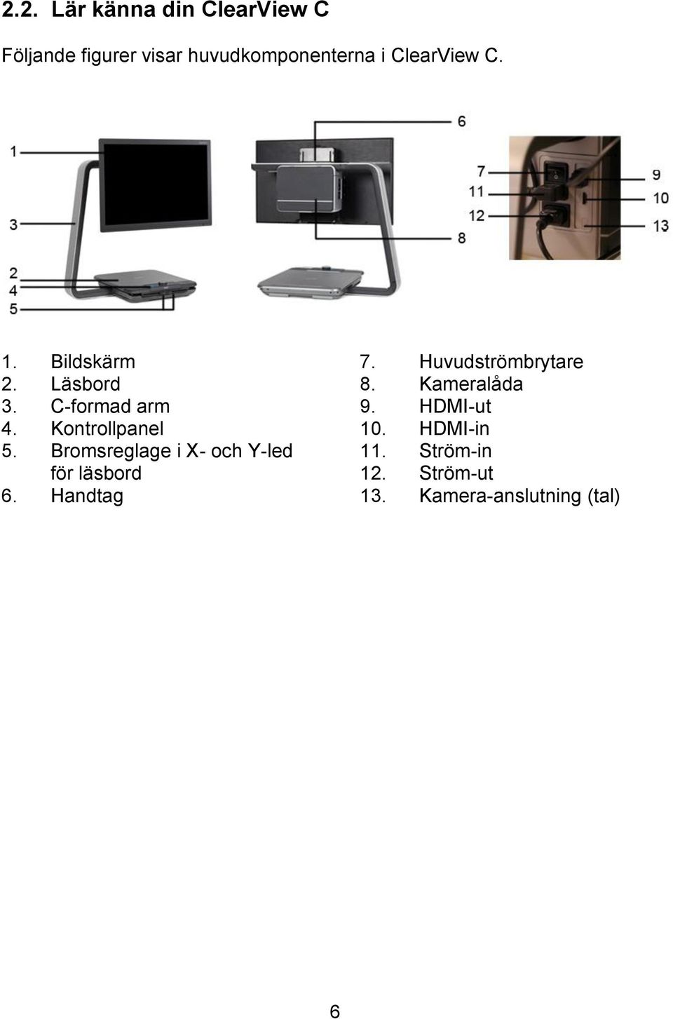 Bromsreglage i X- och Y-led för läsbord 6. Handtag 7. Huvudströmbrytare 8.