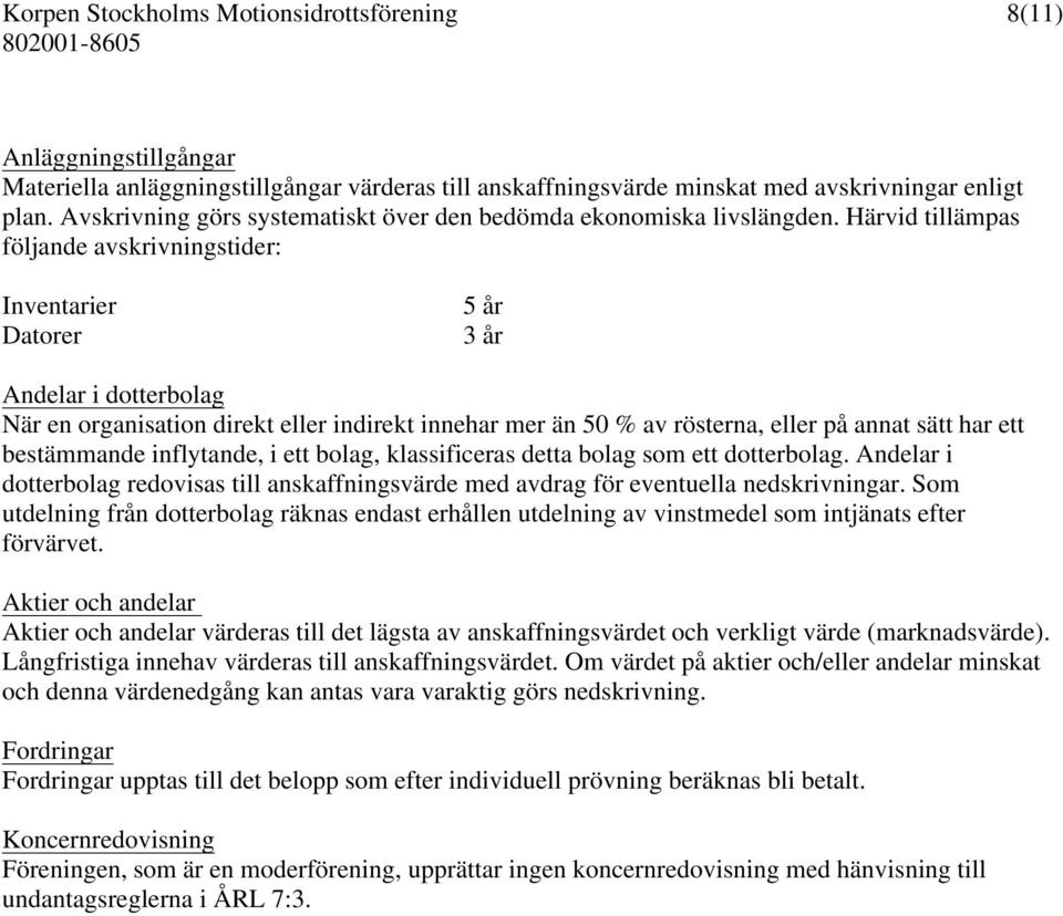 Härvid tillämpas följande avskrivningstider: Inventarier Datorer 5 år 3 år Andelar i dotterbolag När en organisation direkt eller indirekt innehar mer än 50 % av rösterna, eller på annat sätt har ett