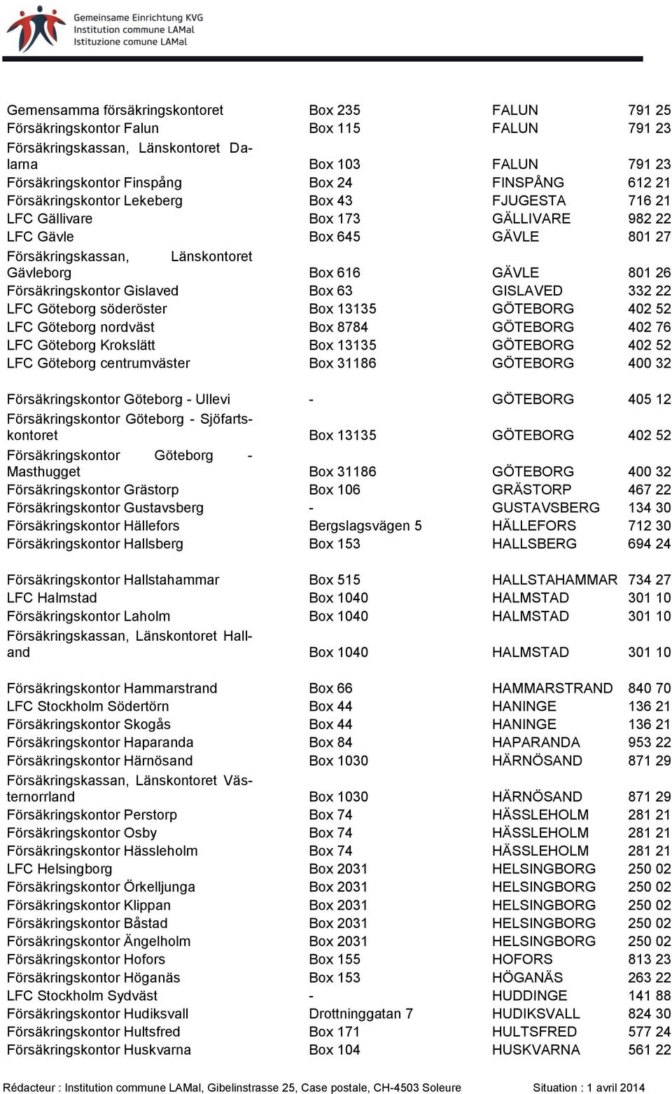 söderöster Box 13135 GÖTEBORG 402 52 LFC Göteborg nordväst Box 8784 GÖTEBORG 402 76 LFC Göteborg Krokslätt Box 13135 GÖTEBORG 402 52 LFC Göteborg centrumväster Box 31186 GÖTEBORG 400 32