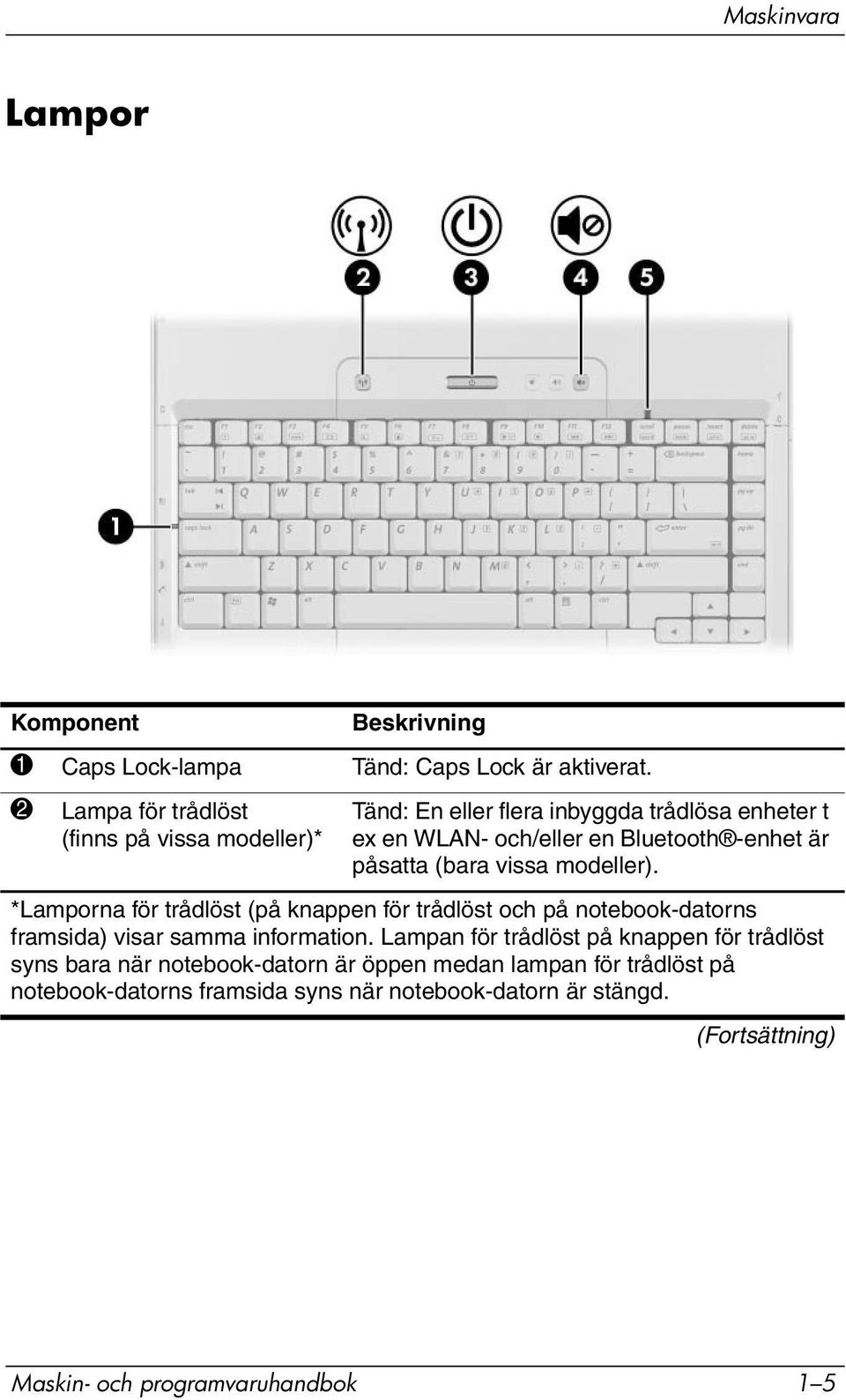 påsatta (bara vissa modeller). *Lamporna för trådlöst (på knappen för trådlöst och på notebook-datorns framsida) visar samma information.