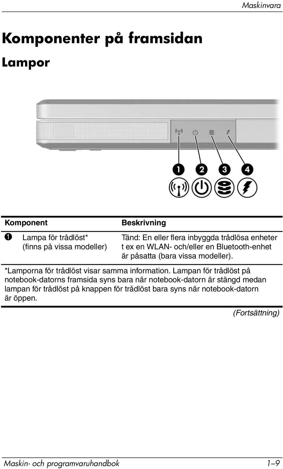 *Lamporna för trådlöst visar samma information.