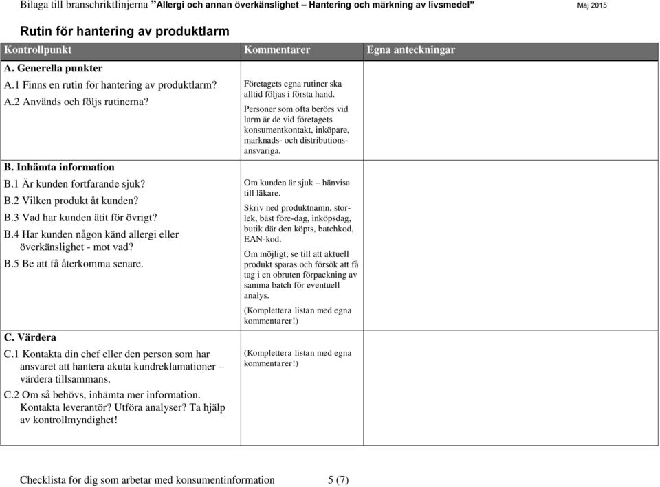 C. Värdera C.1 Kontakta din chef eller den person som har ansvaret att hantera akuta kundreklamationer värdera tillsammans. C.2 Om så behövs, inhämta mer information. Kontakta leverantör?