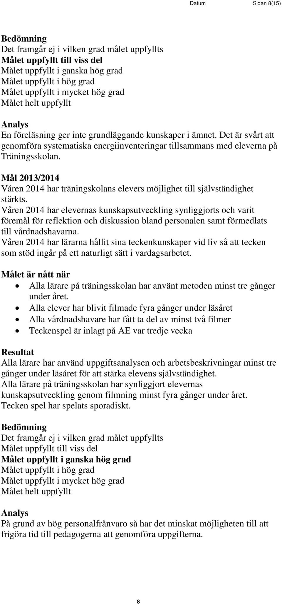 Våren 2014 har elevernas kunskapsutveckling synliggjorts och varit föremål för reflektion och diskussion bland personalen samt förmedlats till vårdnadshavarna.