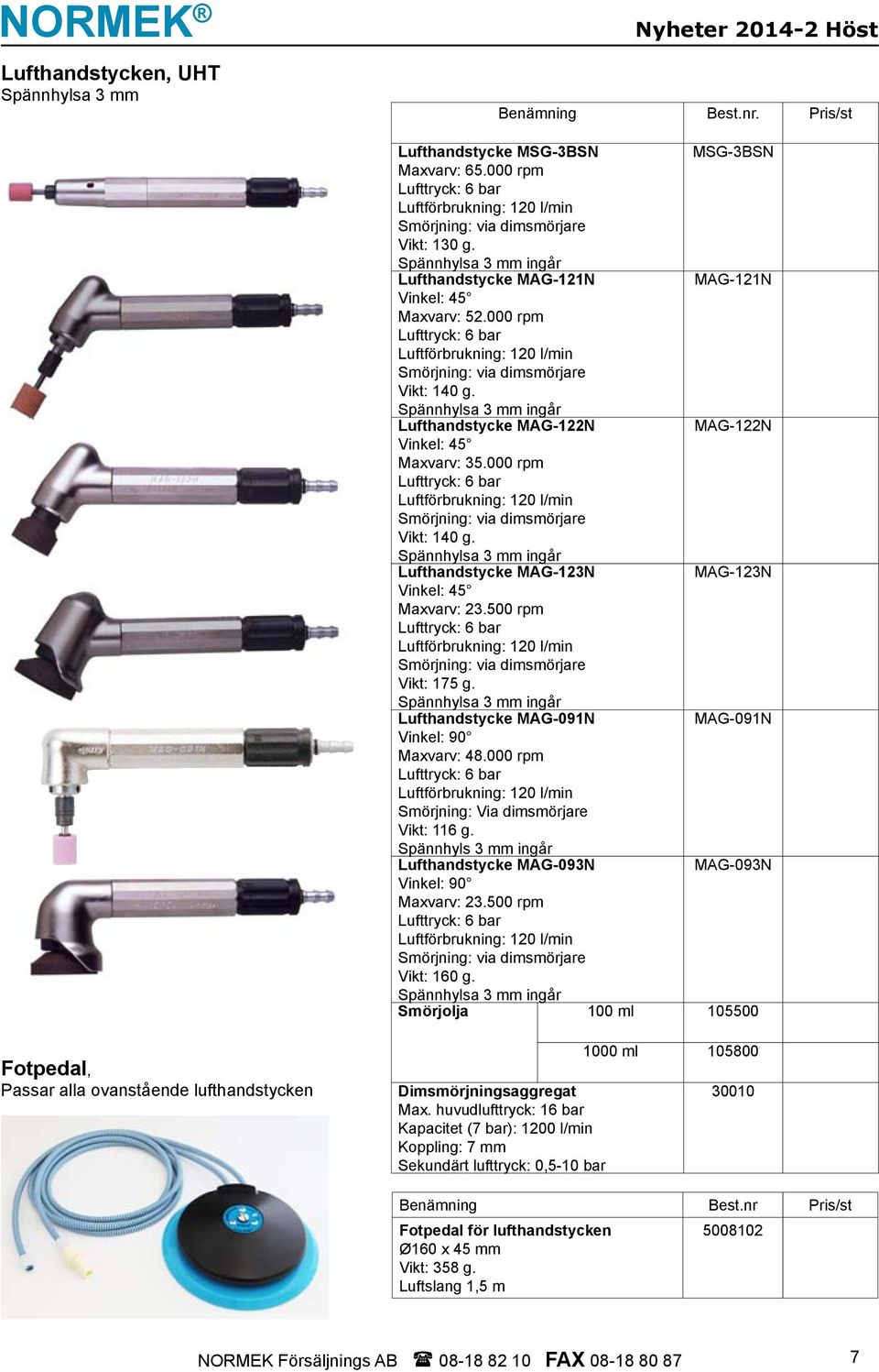 000 rpm Lufttryck: 6 bar Luftförbrukning: 120 l/min Smörjning: via dimsmörjare Vikt: 140 g. Spännhylsa 3 mm ingår Lufthandstycke MAG-122N MAG-122N Vinkel: 45 Maxvarv: 35.