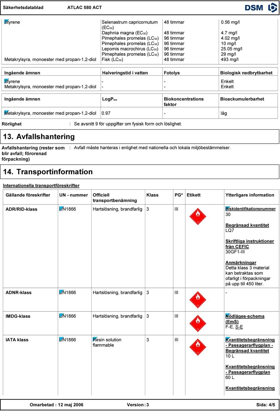 05 mg/l 29 mg/l Metakrylsyra, monoester med propan-1,2-diol Fisk () 48 timmar 49 mg/l Halveringstid i vatten Fotolys Biologisk nedbrytbarhet - - Enkelt Metakrylsyra, monoester med propan-1,2-diol - -