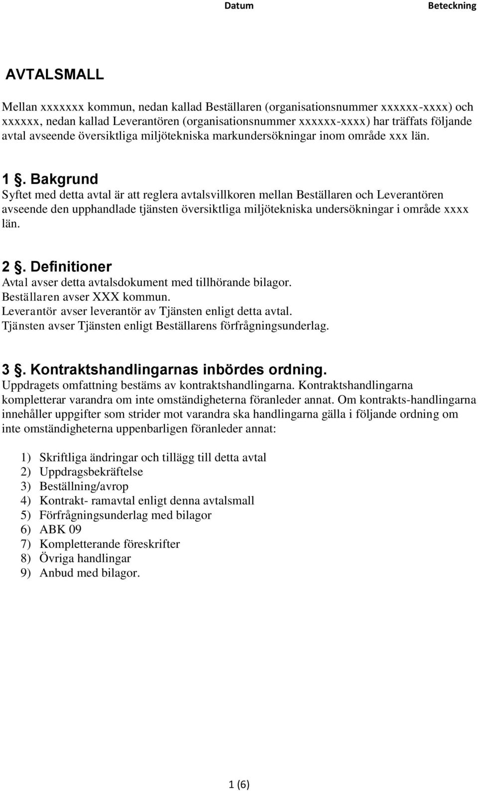 Bakgrund Syftet med detta avtal är att reglera avtalsvillkoren mellan Beställaren och Leverantören avseende den upphandlade tjänsten översiktliga miljötekniska undersökningar i område xxxx län. 2.