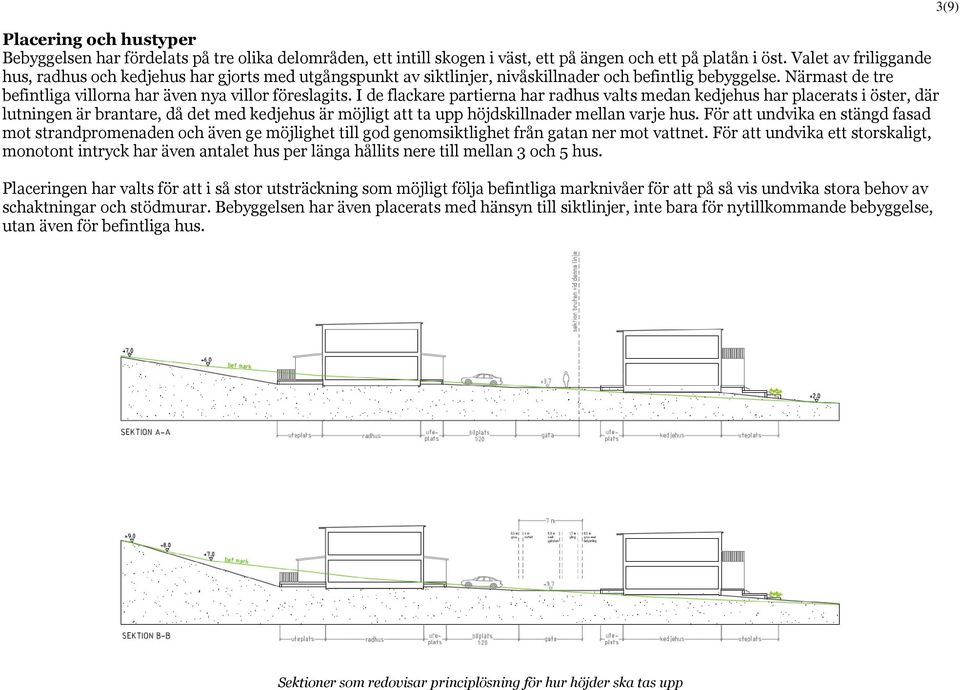 I de flackare partierna har radhus valts medan kedjehus har placerats i öster, där lutningen är brantare, då det med kedjehus är möjligt att ta upp höjdskillnader mellan varje hus.