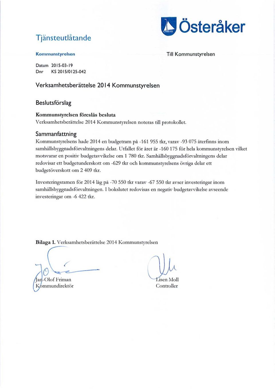Sammanfattning Kommunstyrelsens hade 2014 en budgetram på -161 955 tkr, varav -93 075 återfinns inom samhällsbyggnadsförvaltningens delar.
