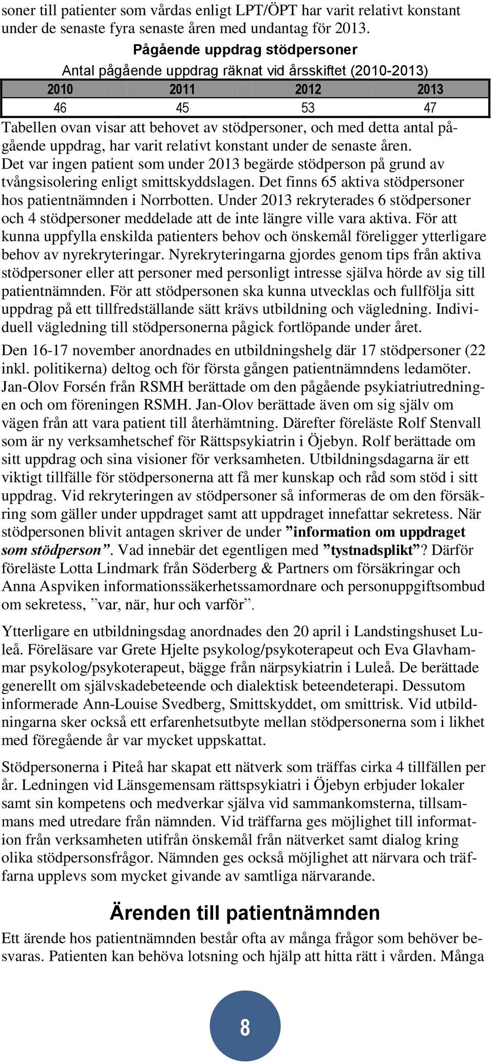 uppdrag, har varit relativt konstant under de senaste åren. Det var ingen patient som under 2013 begärde stödperson på grund av tvångsisolering enligt smittskyddslagen.