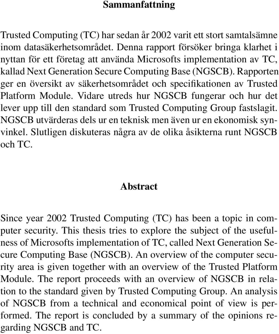 Rapporten ger en översikt av säkerhetsområdet och specifikationen av Trusted Platform Module.