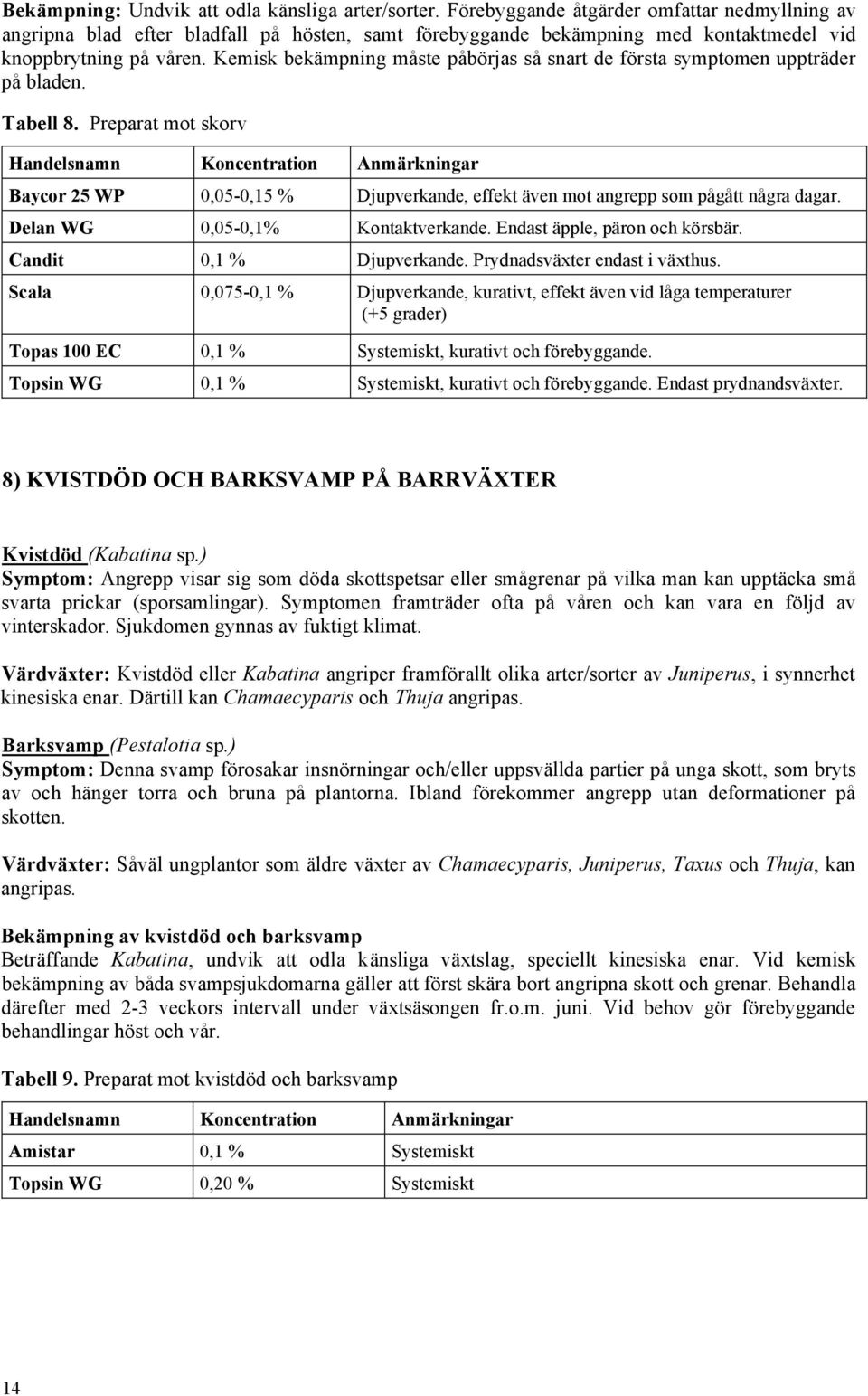 Kemisk bekämpning måste påbörjas så snart de första symptomen uppträder på bladen. Tabell 8.