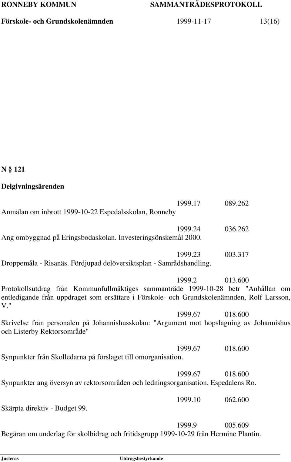 600 Protokollsutdrag från Kommunfullmäktiges sammanträde 1999-10-28 betr "Anhållan om entledigande från uppdraget som ersättare i Förskole- och Grundskolenämnden, Rolf Larsson, V." 1999.67 018.