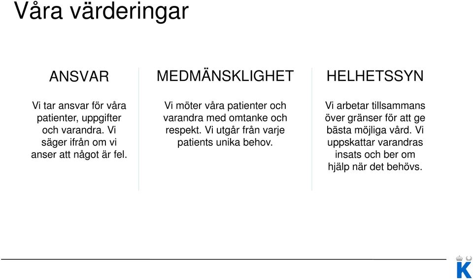 Vi möter våra patienter och varandra med omtanke och respekt.