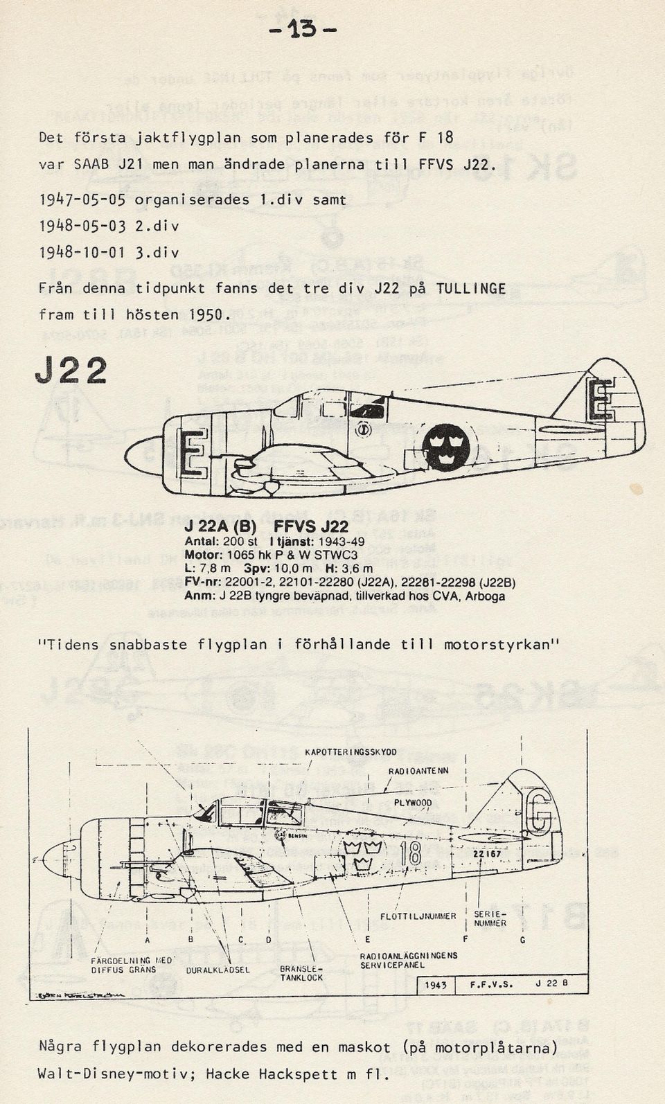 ..- J22A (8) FFVS J22 Antal: 200 st I tjänst: 1943-49 Motor: 1065 hk P &W STWC3 L: 7,8 m 3pv: 10,0 m H: 3,6 m FV-nr: 22001-2, 22101-22280 (J22A), 22281-22298 (J228) Anm: J 228 tyngre beväpnad,