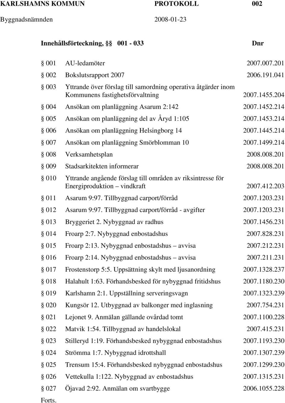 214 005 Ansökan om planläggning del av Åryd 1:105 2007.1453.214 006 Ansökan om planläggning Helsingborg 14 2007.1445.214 007 Ansökan om planläggning Smörblomman 10 2007.1499.