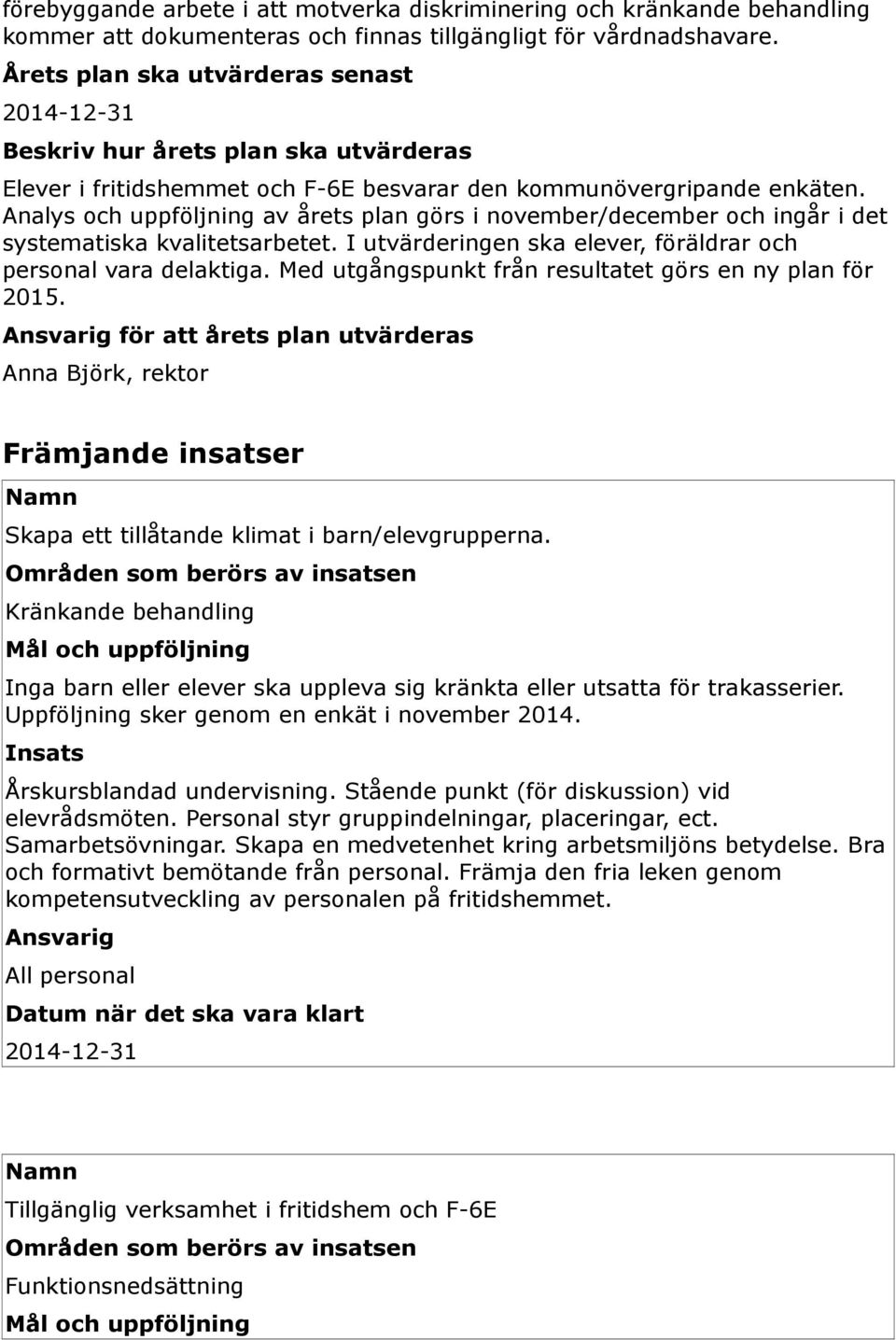 Analys och uppföljning av årets plan görs i november/december och ingår i det systematiska kvalitetsarbetet. I utvärderingen ska elever, föräldrar och personal vara delaktiga.