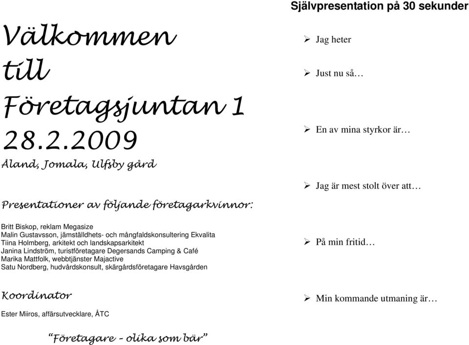 Biskop, reklam Megasize Malin Gustavsson, jämställdhets- och mångfaldskonsultering Ekvalita Tiina Holmberg, arkitekt och landskapsarkitekt Janina Lindström,