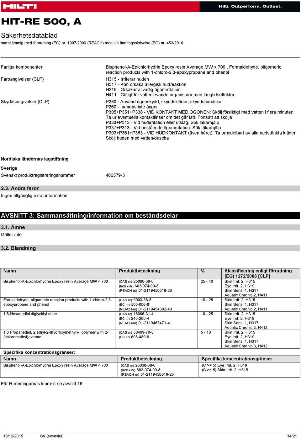 långtidseffekter P280 - Använd ögonskydd, skyddskläder, skyddshandskar P260 - Inandas inte ångor P305+P351+P338 - VID KONTAKT MED ÖGONEN: Skölj försiktigt med vatten i flera minuter.