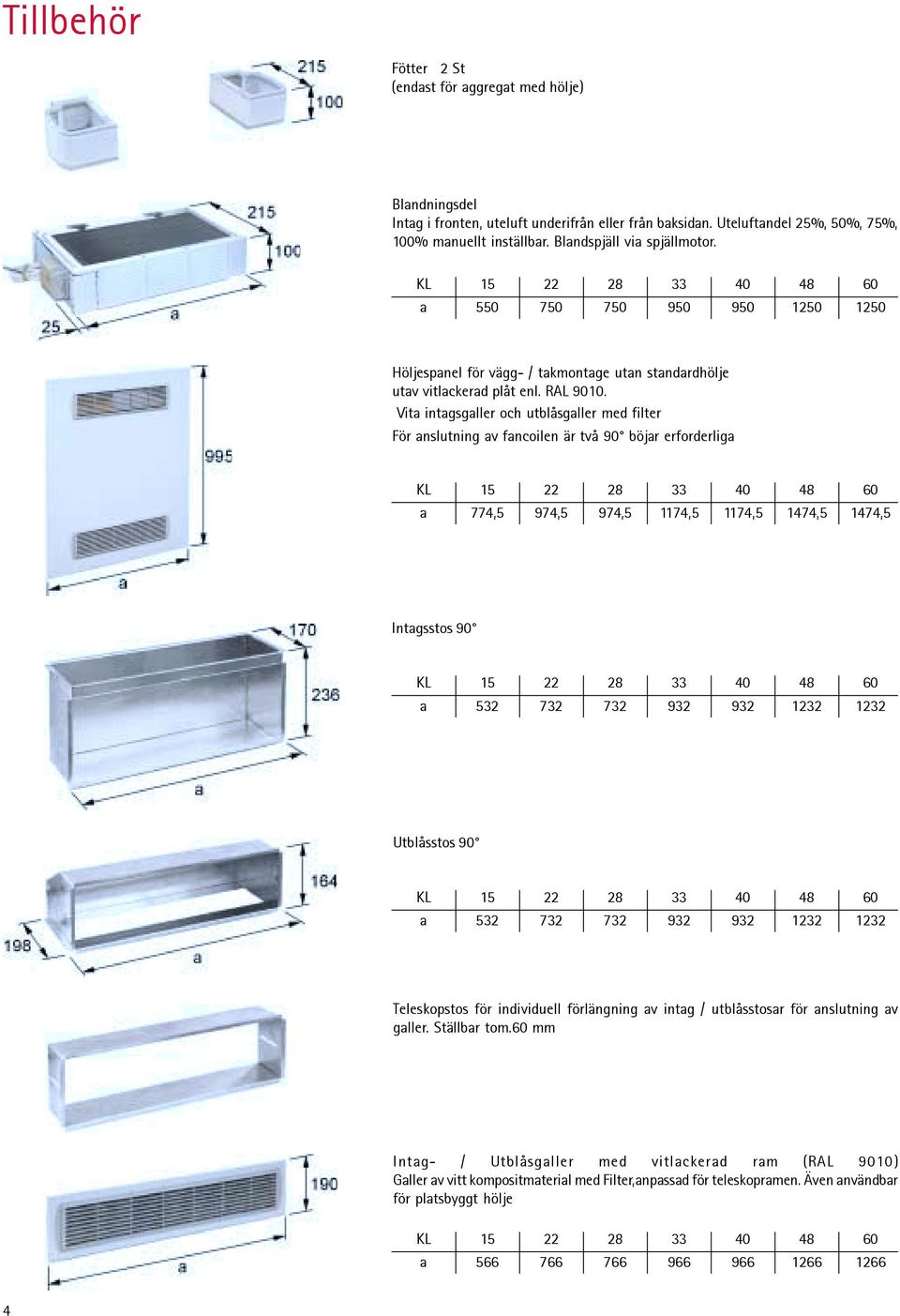 Vita intagsgaller och utblåsgaller med filter För anslutning av fancoilen är två 90 böjar erforderliga KL 15 22 28 33 40 48 60 a 774,5 974,5 974,5 1174,5 1174,5 1474,5 1474,5 Intagsstos 90 KL 15 22