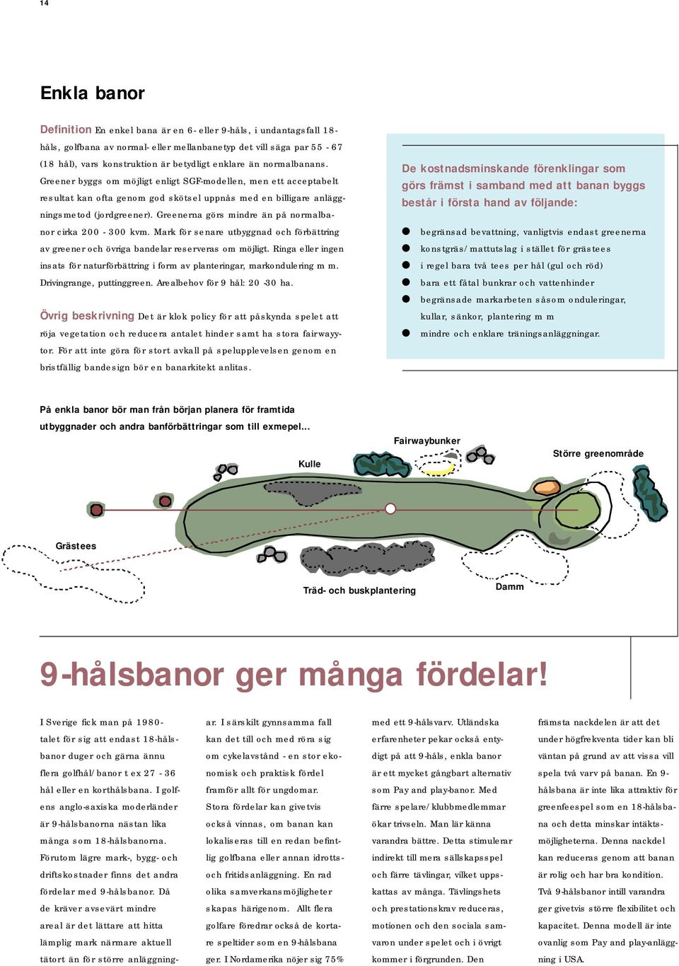 Greenerna görs mindre än på normalbanor cirka 200-300 kvm. Mark för senare utbyggnad och förbättring av greener och övriga bandelar reserveras om möjligt.