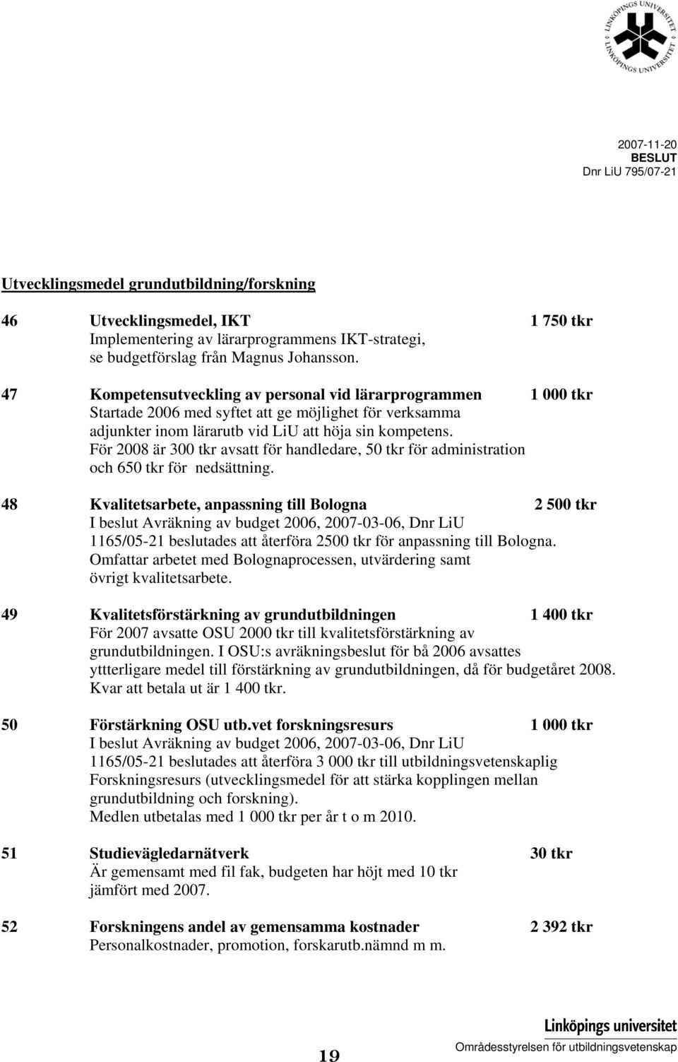 För 2008 är 300 tkr avsatt för handledare, 50 tkr för administration och 650 tkr för nedsättning.