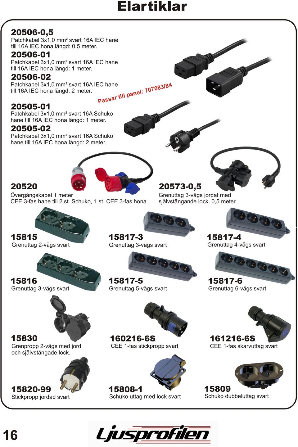 20505-02 Patchkabel 3x1,0 mm² svart 16A Schuko hane till 16A IEC hona längd: 2 meter. Passar till pane l: 707083/84 20520 Övergångskabel 1 meter CEE 3-fas hane till 2 st. Schuko, 1 st.