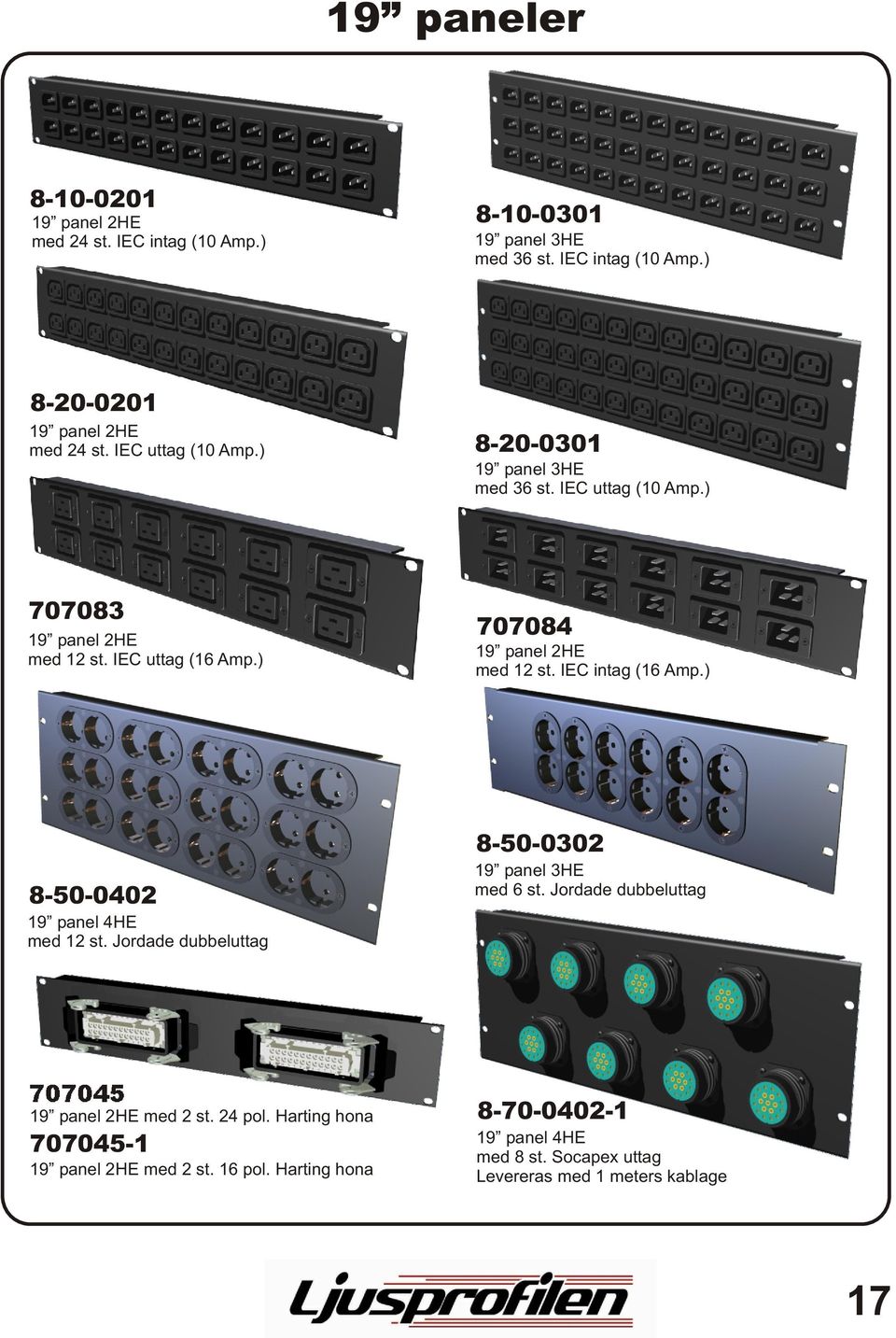 IEC intag (16 Amp.) 8-50-0402 19 panel 4HE med 12 st. Jordade dubbeluttag 8-50-0302 19 panel 3HE med 6 st. Jordade dubbeluttag 707045 19 panel 2HE med 2 st.