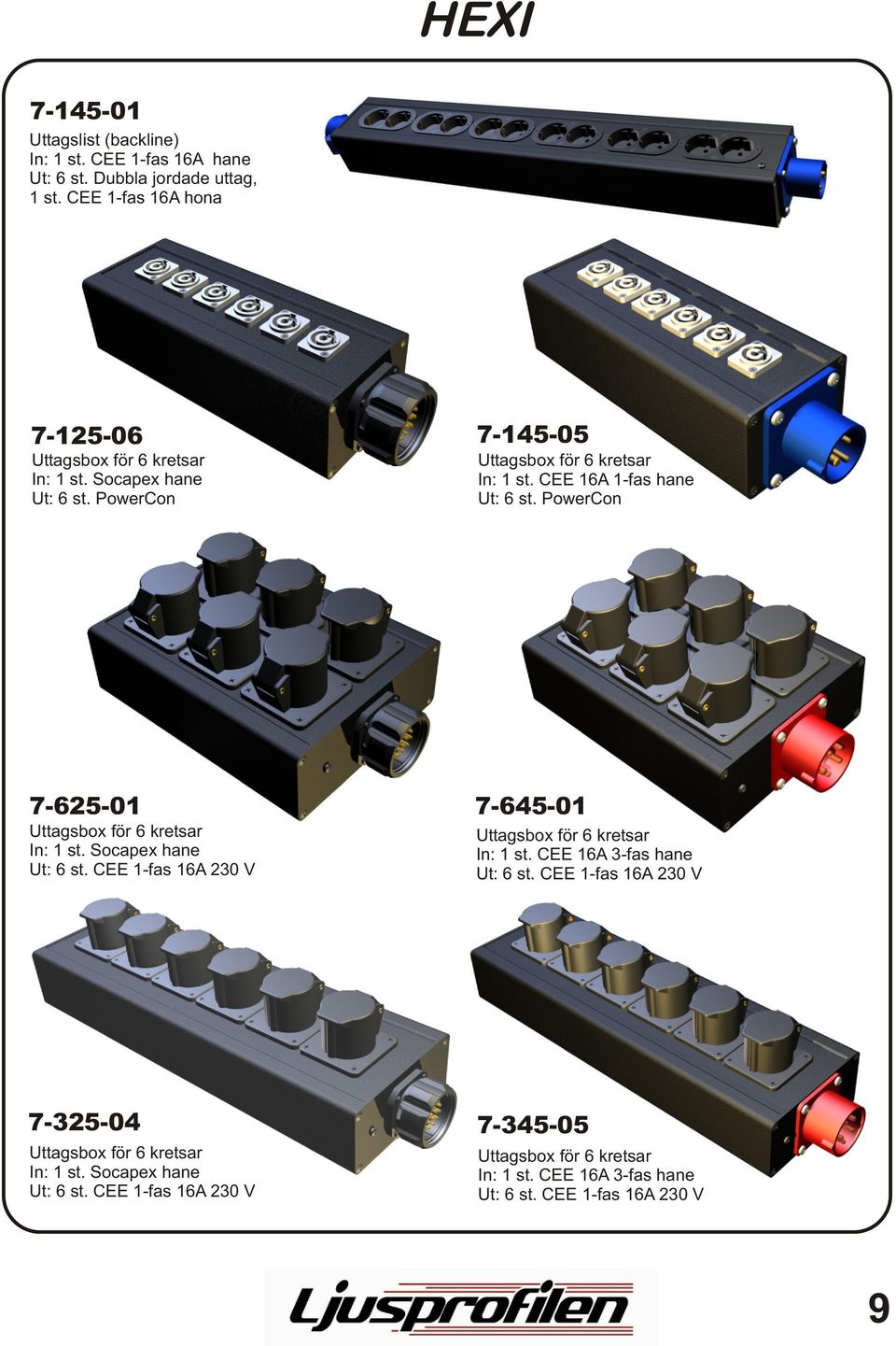 PowerCon 7-625-01 In: 1 st. Socapex hane Ut: 6 st. CEE 1-fas 16A 230 V 7-645-01 In: 1 st. CEE 16A 3-fas hane Ut: 6 st.
