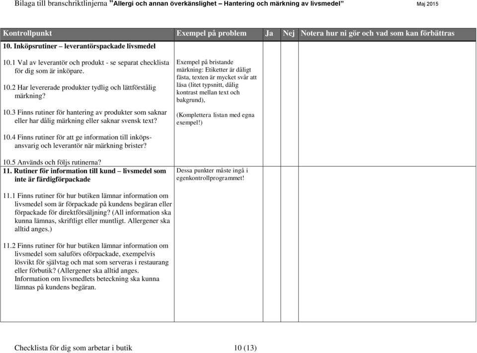 4 Finns rutiner för att ge information till inköpsansvarig och leverantör när märkning brister? 10.5 Används och följs rutinerna? 11.