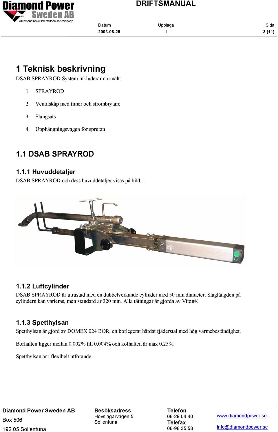 Slaglängden på cylindern kan varieras, men standard är 320 mm. Alla tätningar är gjorda av Viton. 1.