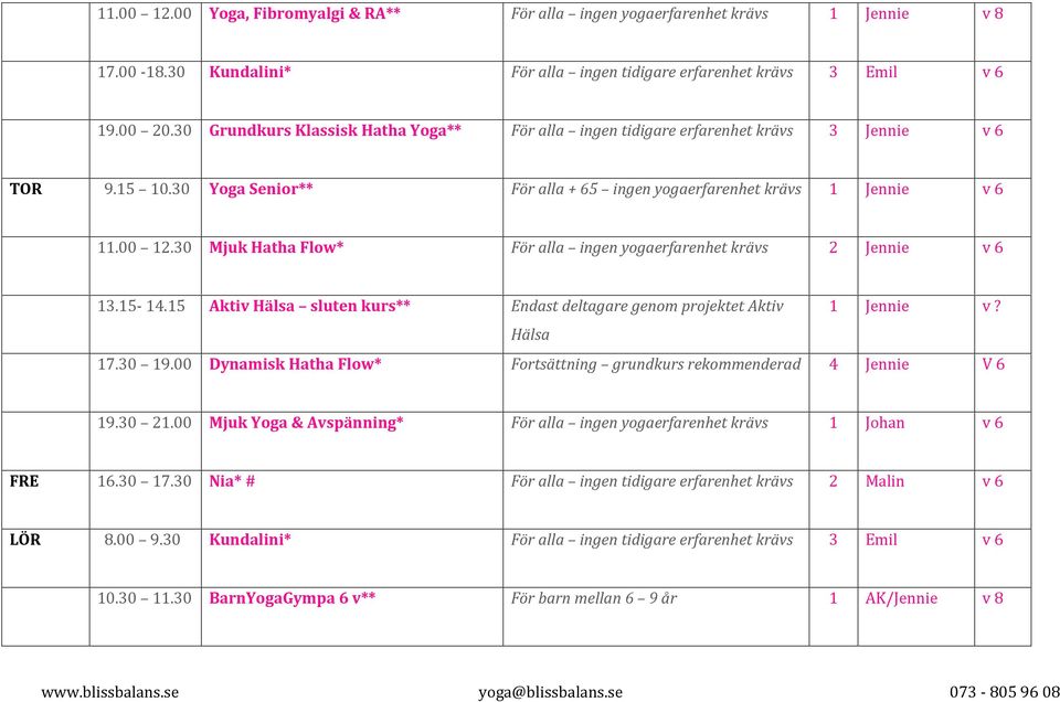 30 Mjuk Hatha Flow* För alla ingen yogaerfarenhet krävs 2 Jennie v 6 13.15-14.15 Aktiv Hälsa sluten kurs** Endast deltagare genom projektet Aktiv 1 Jennie v? Hälsa 17.30 19.